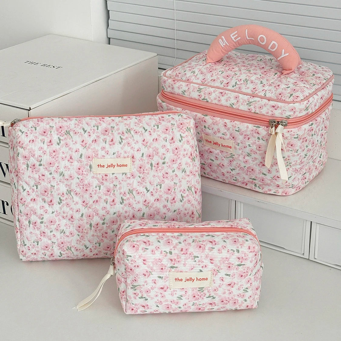 Fashion Pink Flower Women's Clutch Bag Sets Toiletry Makeup Tool Storage Pouch Quilting Cosmetics Organizers Handbag for Travel