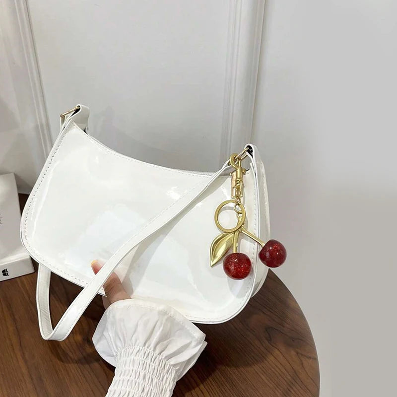 Women's PU Leather Handbag Versatile Fashion Solid Color Cherry Pendant Shoulder Bag Casual Commuting Bag Girl Underarm Bag