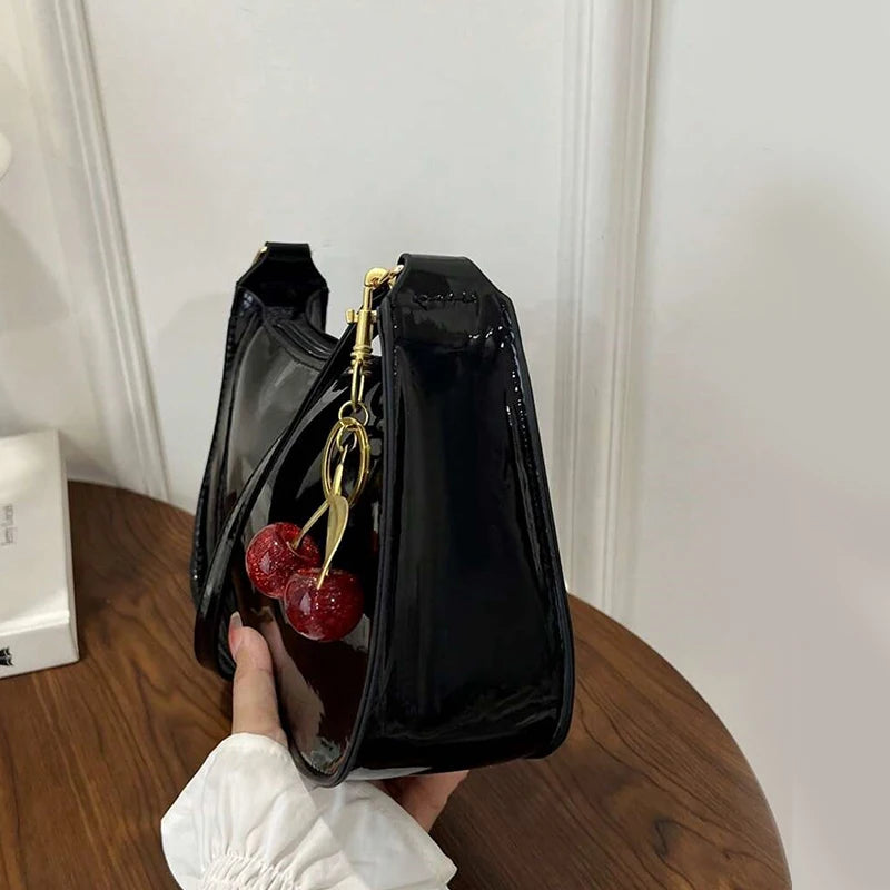 Women's PU Leather Handbag Versatile Fashion Solid Color Cherry Pendant Shoulder Bag Casual Commuting Bag Girl Underarm Bag